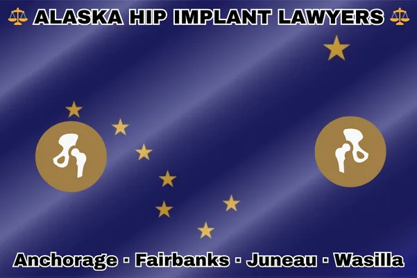 ALASKA HIP IMPLANT LAWYERS: Anchorage, Fairbanks, Juneau, and Wasilla text on AK state flag with hip replacement devices near the Big Dipper and North Star on a blue background