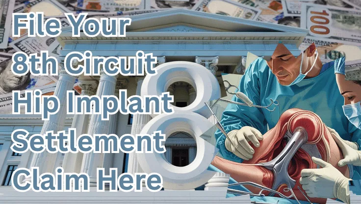 File Your 8th Circuit Hip Implant Settlement Claim Here text on depiction of Eighth Circuit court with hip replacement surgery and high value cash backdrop.