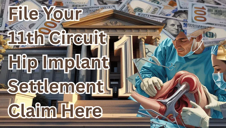 File Your 11th Circuit Hip Implant Settlement Claim Here text on depiction of Eleventh Circuit court with hip replacement surgery and high value cash backdrop.