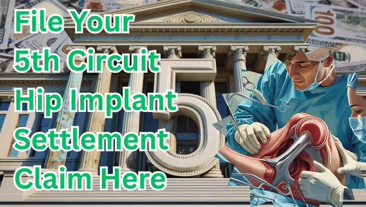 File Your 5th Circuit Hip Implant Settlement Claim Here text on depiction of Fifth Circuit court with hip replacement surgery and high value cash backdrop.