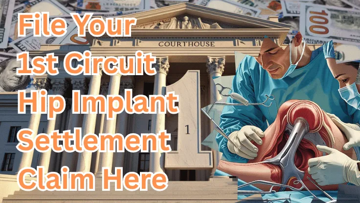 File Your 1st Circuit Hip Implant Settlement Claim Here text on depiction of First Circuit court with hip replacement surgery and high value cash backdrop.