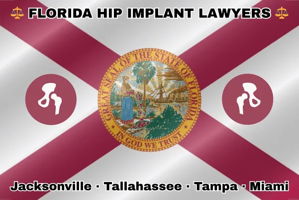 FLORIDA HIP IMPLANT LAWYERS: Jacksonville, Tallahassee, Tampa, and Miami text on FL state flag with hip replacement devices near a red cross and SEAL of a Seminole woman scattering flowers by a shoreline with a boat, palm trees, and sunlight.