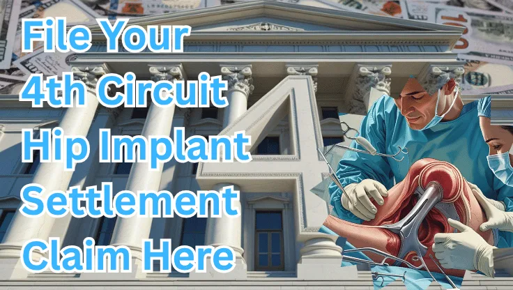 File Your 4th Circuit Hip Implant Settlement Claim Here text on depiction of Fourth Circuit court with hip replacement surgery and high value cash backdrop.