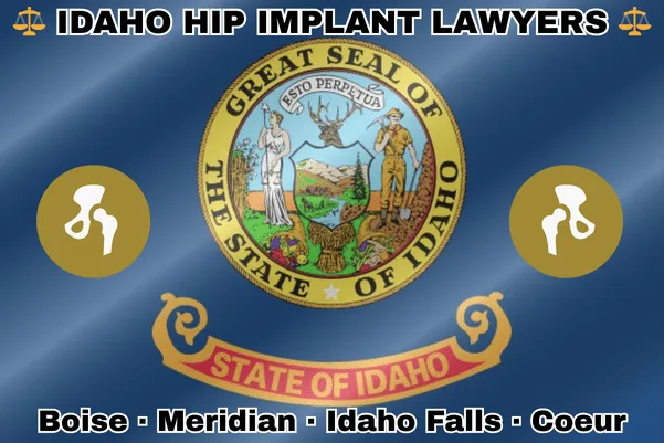 IDAHO HIP IMPLANT LAWYERS: Boise, Meridian, Idaho Falls, and Coeur d’Alene text on ID state flag with hip replacement devices near SEAL of a miner and a woman representing justice, mountains, forests, and a river.