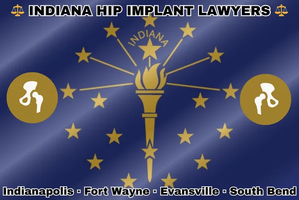 INDIANA HIP IMPLANT LAWYERS: Indianapolis, Fort Wayne, Evansville, and South Bend text on IN state flag with hip replacement devices near a gold torch and stars.