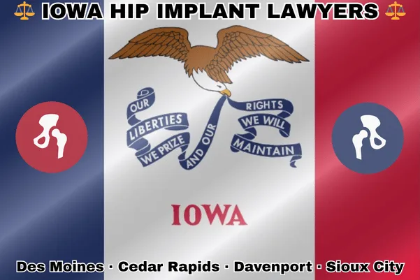 IOWA HIP IMPLANT LAWYERS: Des Moines, Cedar Rapids, Davenport, and Sioux City text on IA state flag with hip replacement devices near a soaring eagle and blue, white, and red backdrop.