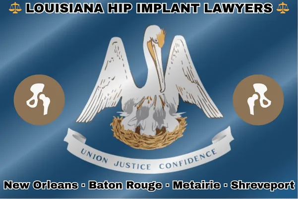 LOUISIANA HIP IMPLANT LAWYERS: New Orleans, Baton Rouge, Metairie, and Shreveport text on LA state flag with hip replacement devices near a pelican feeding chicks in a nest on a blue background.