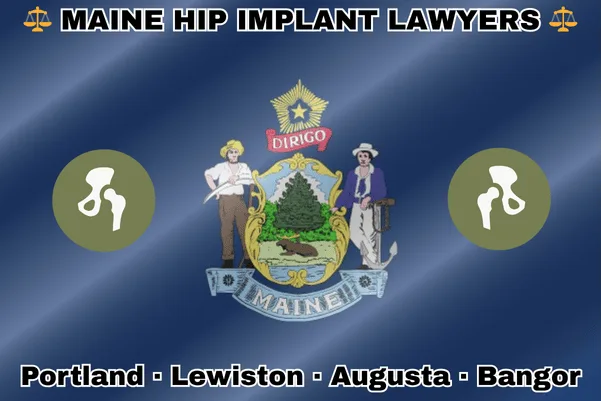 MAINE HIP IMPLANT LAWYERS: Portland, Lewiston, Augusta, and Bangor text on ME state flag with hip replacement devices near a farmer and sailor bearing a shield, pine tree, moose, and “DIRIGO” motto.