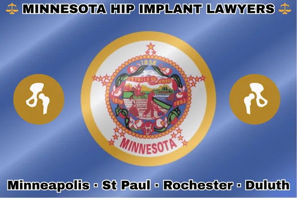 MINNESOTA HIP IMPLANT LAWYERS: Minneapolis, St Paul, Rochester, and Duluth text on MN state flag with hip replacement devices near a wreath of lady’s slippers around a Native American riding a horse and a pioneer plowing a field.