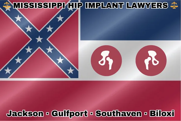 MISSISSIPPI HIP IMPLANT LAWYERS: Jackson, Gulfport, Southaven, and Biloxi text on MS state flag with hip replacement devices near three horizontal stripes of blue, white, and red, and a red canton in the upper left corner featuring a blue saltire with thirteen white stars.
