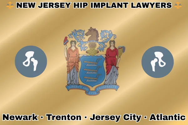 NEW JERSEY HIP IMPLANT LAWYERS: Newark, Trenton, Jersey City, and Atlantic City text on NJ state flag with hip replacement devices near a shield with three plows, the goddesses Liberty and Ceres, and a horse head.