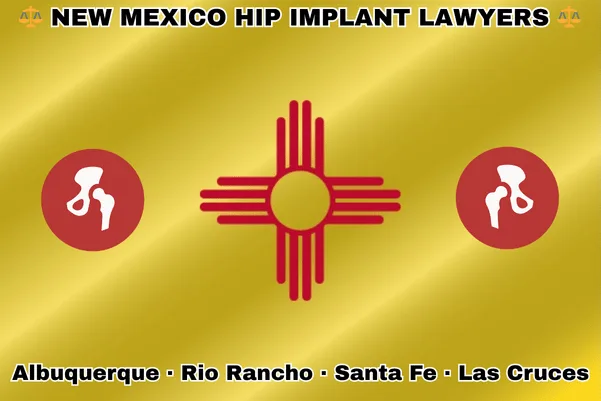 NEW MEXICO HIP IMPLANT LAWYERS: Albuquerque, Rio Rancho, Santa Fe, and Las Cruces text on NM state flag with hip replacement devices near red Zia sun symbol on a yellow background.