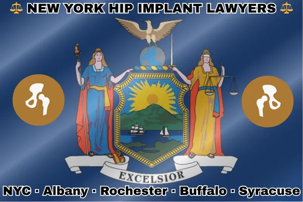 NEW YORK HIP IMPLANT LAWYERS: NYC, Albany, Rochester, Buffalo, and Syracuse text on NY state flag with hip replacement devices near Liberty and Justice holding a sword and scales, an eagle atop a globe, and a shield featuring the sun shining over the mountains onto Hudson River boaters.