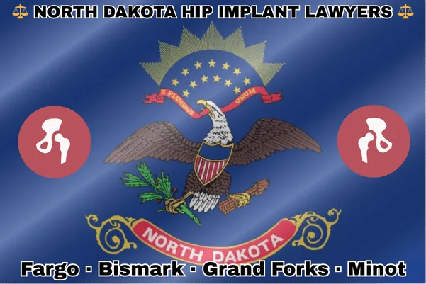 NORTH DAKOTA HIP IMPLANT LAWYERS: Fargo, Bismark, Grand Forks, and Minot text on ND state flag with hip replacement devices near a bald eagle holding an olive branch and arrows in its talons and shield on its chest.