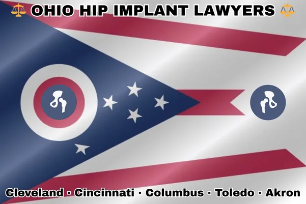 OHIO HIP IMPLANT LAWYERS: Cleveland, Cincinnati, Columbus, Toledo, and Akron text on OH state flag with hip replacement devices near a triangular swallowtail with red, white, and blue stripes and stars.