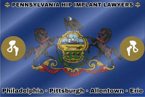 PENNSYLVANIA HIP IMPLANT LAWYERS: Philadelphia, Pittsburgh, Allentown, and Erie text on PA state flag with hip replacement devices near horses and an eagle flanking a shield featuring a ship, plow, and sheaves of wheat.