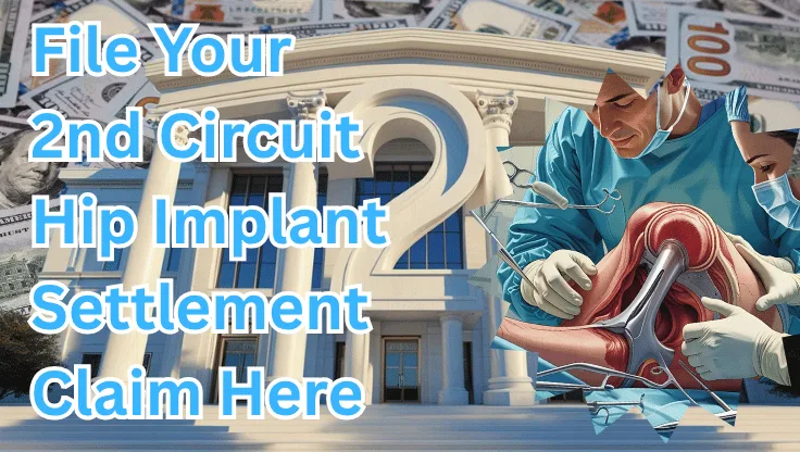 File Your 2nd Circuit Hip Implant Settlement Claim Here text on depiction of Second Circuit court with hip replacement surgery and cash backdrop.