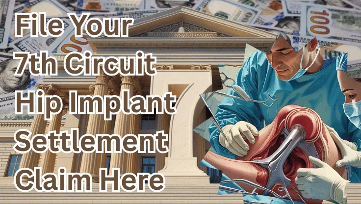 File Your 7th Circuit Hip Implant Settlement Claim Here text on depiction of Seventh Circuit court with hip replacement surgery and high value cash backdrop.