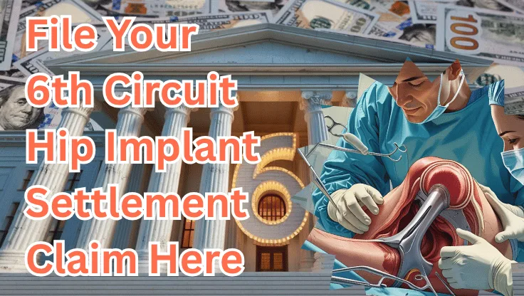File Your 6th Circuit Hip Implant Settlement Claim Here text on depiction of Sixth Circuit court with hip replacement surgery and high value cash backdrop.