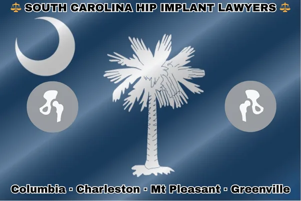 SOUTH CAROLINA HIP IMPLANT LAWYERS: Columbia, Charleston, Mount Pleasant, and Greenville text on SC state flag with hip replacement devices near a white palmetto tree and crescent moon, all on a blue background.
