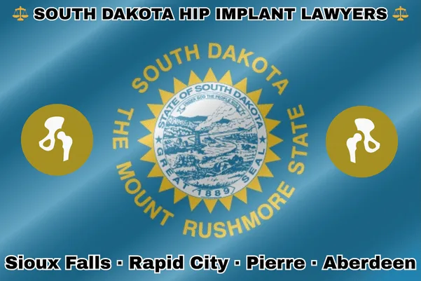 SOUTH DAKOTA HIP IMPLANT LAWYERS: Sioux Falls, Rapid City, Pierre, and Aberdeen text on SD state flag with hip replacement devices near a gold sun surrounding a riverboat, hills, a farmer, and cattle.