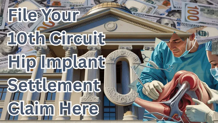 File Your 10th Circuit Hip Implant Settlement Claim Here text on depiction of Tenth Circuit court with hip replacement surgery and high value cash backdrop.