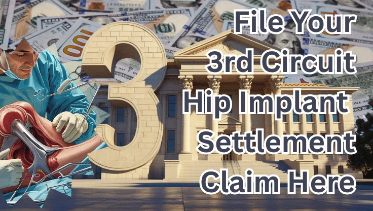 File Your 3rd Circuit Hip Implant Settlement Claim Here text on depiction of Third Circuit court with hip replacement surgery and high value cash backdrop.
