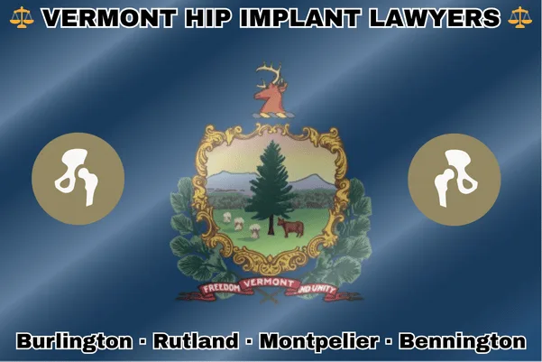 VERMONT HIP IMPLANT LAWYERS: Burlington, Rutland, Montpelier, and Bennington text on VT state flag with hip replacement devices near a shield featuring a large pine tree, a cow, and sheaves of wheat, flanked by pine branches and topped with a stag’s head.