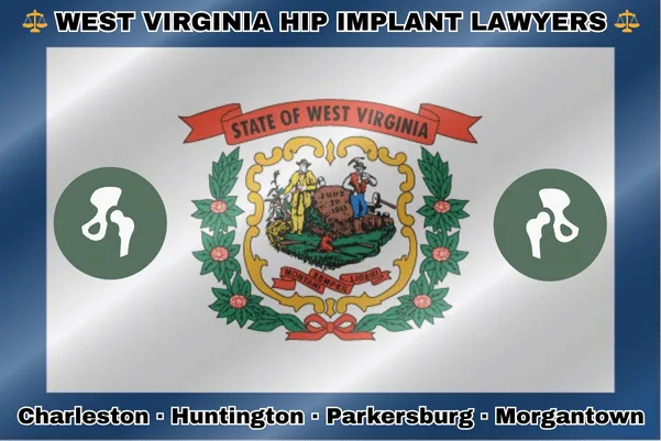 WEST VIRGINIA HIP IMPLANT LAWYERS: Charleston, Huntington, Parkersburg, and Morgantown text on WV state flag with hip replacement devices near a farmer and miner, armed with rifles and wearing a liberty cap, alongside an inscribed stone. surrounded by rhododendrons.