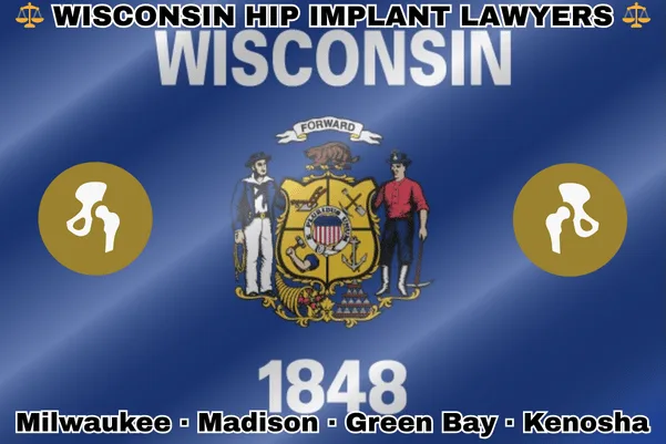 WISCONSIN HIP IMPLANT LAWYERS: Milwaukee, Madison, Green Bay, and Kenosha text on WI state flag with hip replacement devices near a sailor and miner flanking a shield featuring agriculture, mining, manufacturing, and navigation, a badger above, and a cornucopia and lead ingot.
